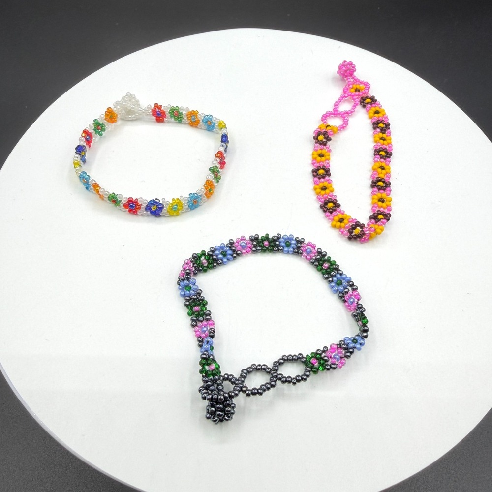3Pc Colorful Handmade Seed Bead Floral Bracelets Daisy Friendship Jewelry Set